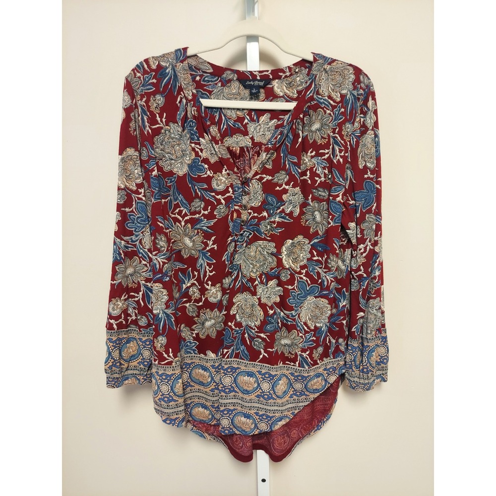Lucky Brand Womens Floral Paisley Henley Blouse Long Sleeve L Boho Southwestern